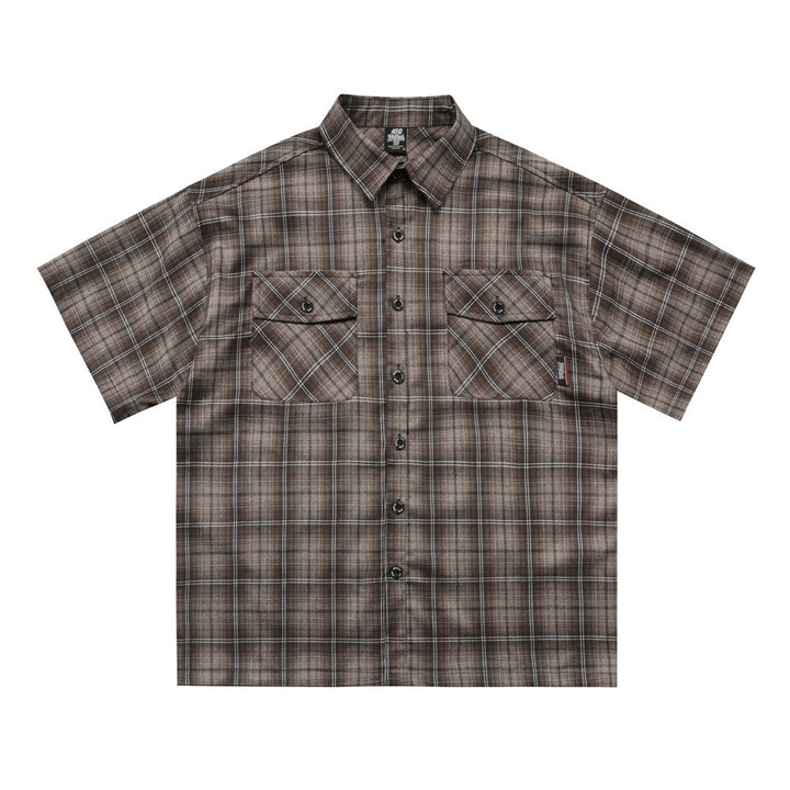 Letter Embroidered Short Sleeve Plaid Shirt Lapel Loose Shirt - cas7m