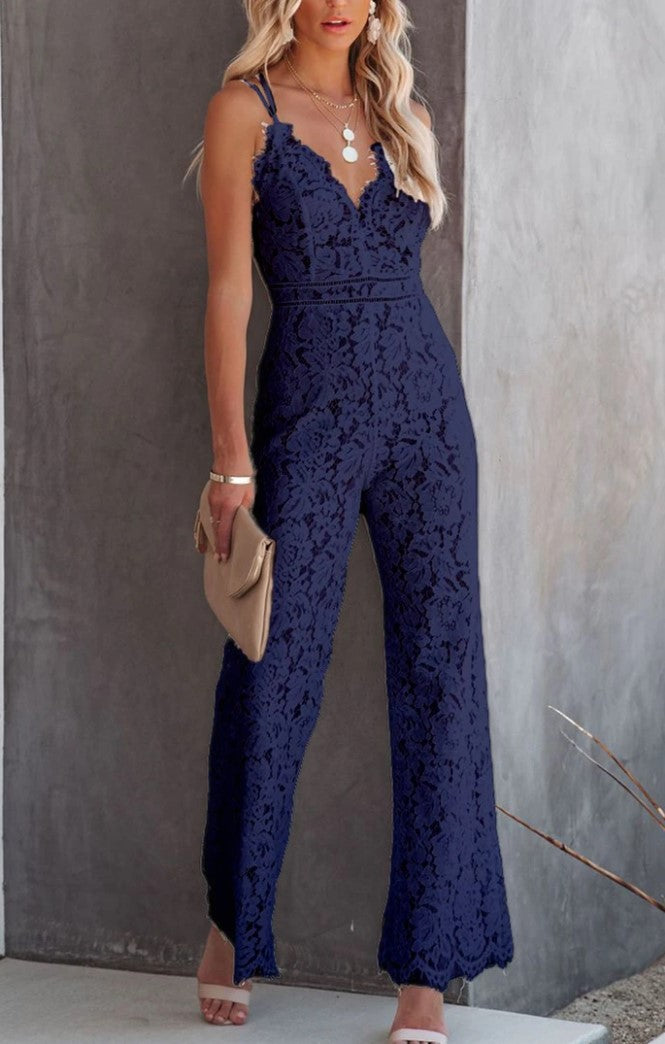 Solid Color Lace Stitching Sleeveless Casual Suspender Jumpsuit - cas7m