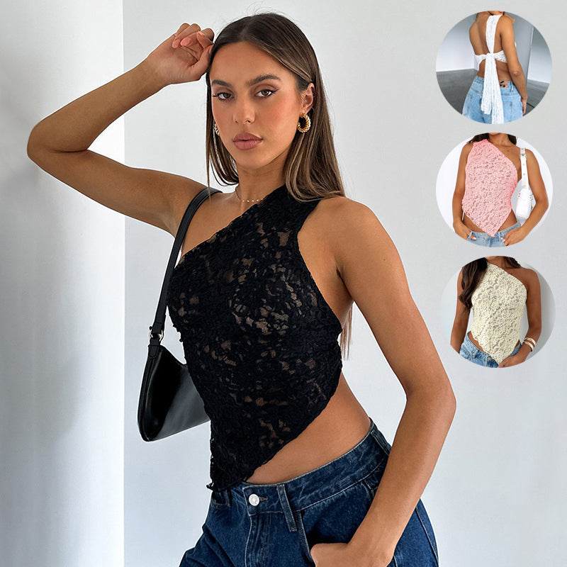 Ins Lace Backless Top Summer Solid Color Waistless Asymmetrical Sloped Neck Vest Streetwear Womens Clothes - cas7m