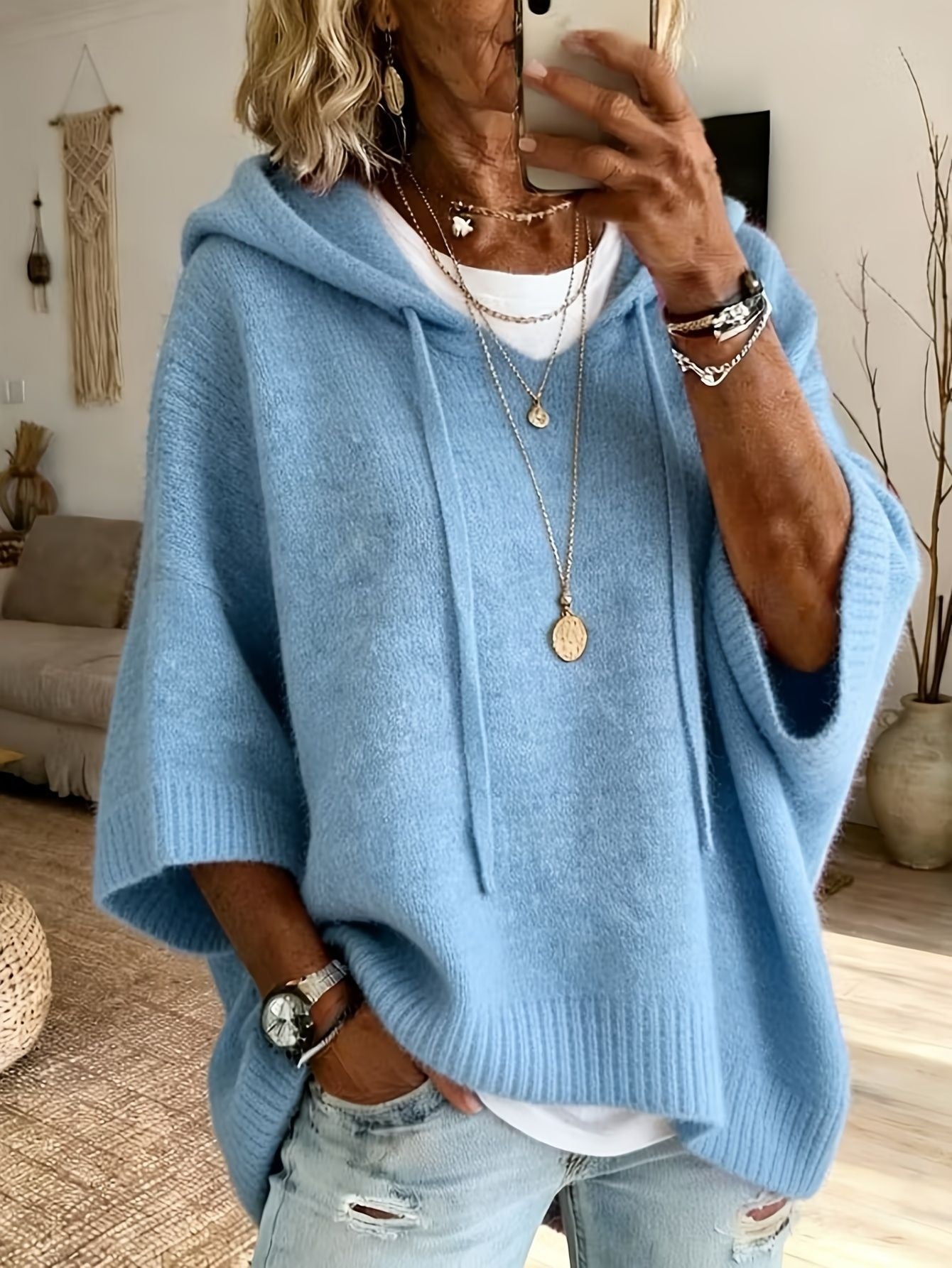 Womens Knitted New-Style Hooded Drawstring Sweater - cas7m