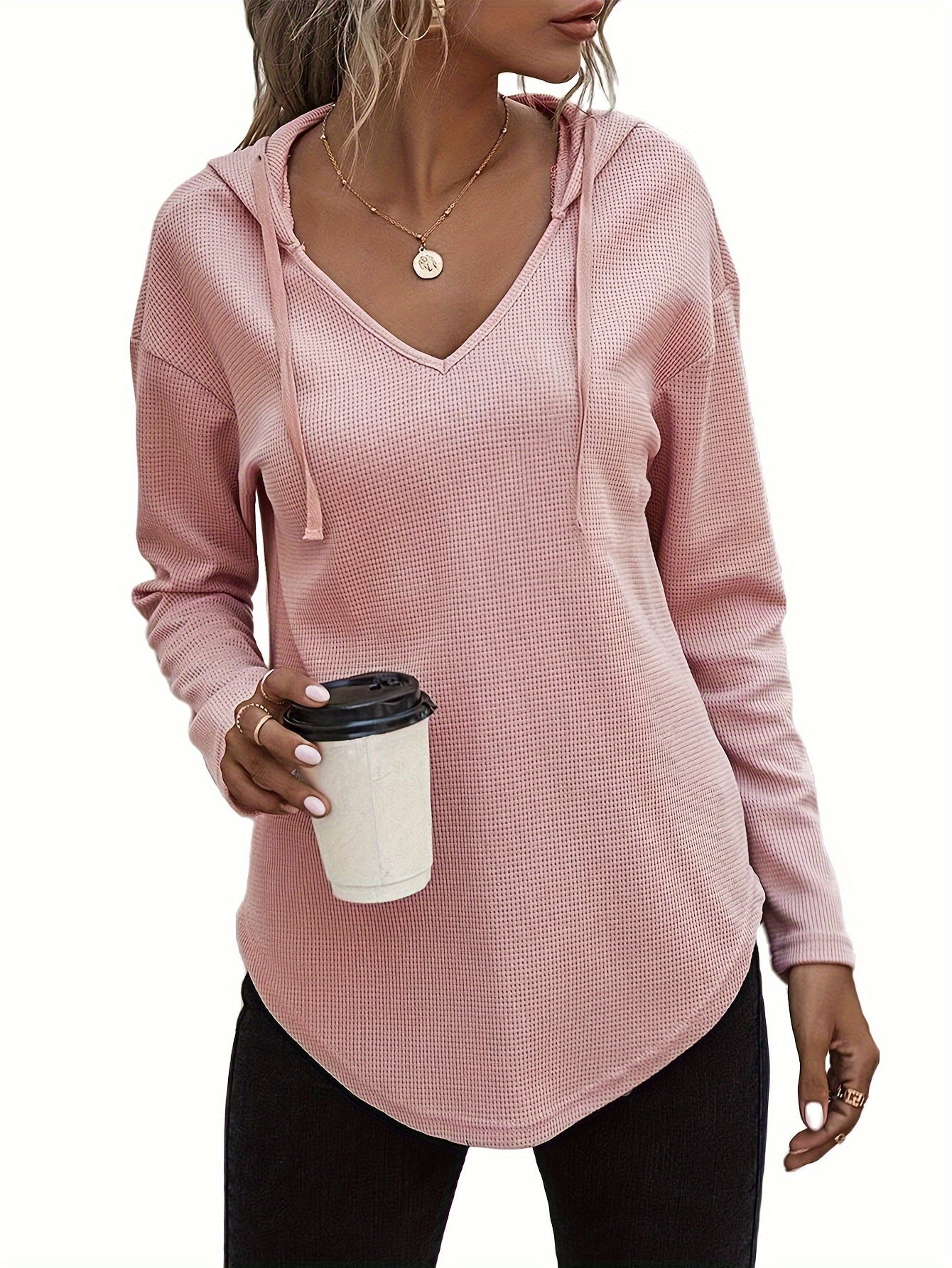 Elegant Beige Hanky Hem V-Neck Hoodie For Women - cas7m
