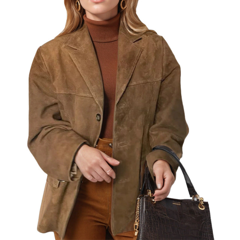 Women's Retro Brown Loose Long Sleeve Jacket - cas7m