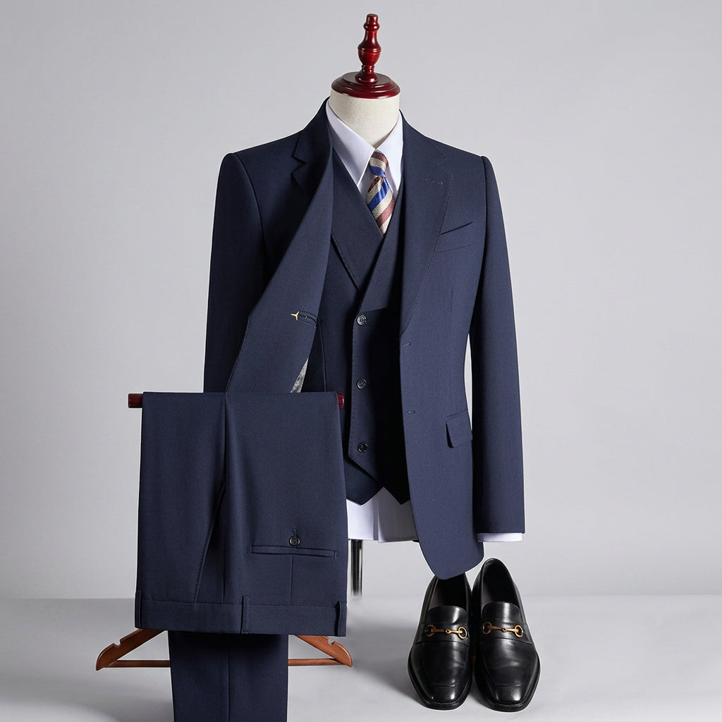 A navy blue three-piece suit displayed on a mannequin torso, styled with a white dress shirt, a striped tie, and black dress shoes. The matching trousers are draped over a stand in front.