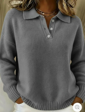 Loose And Soft Women's Lapel Long Sleeve Button Sweater - cas7m