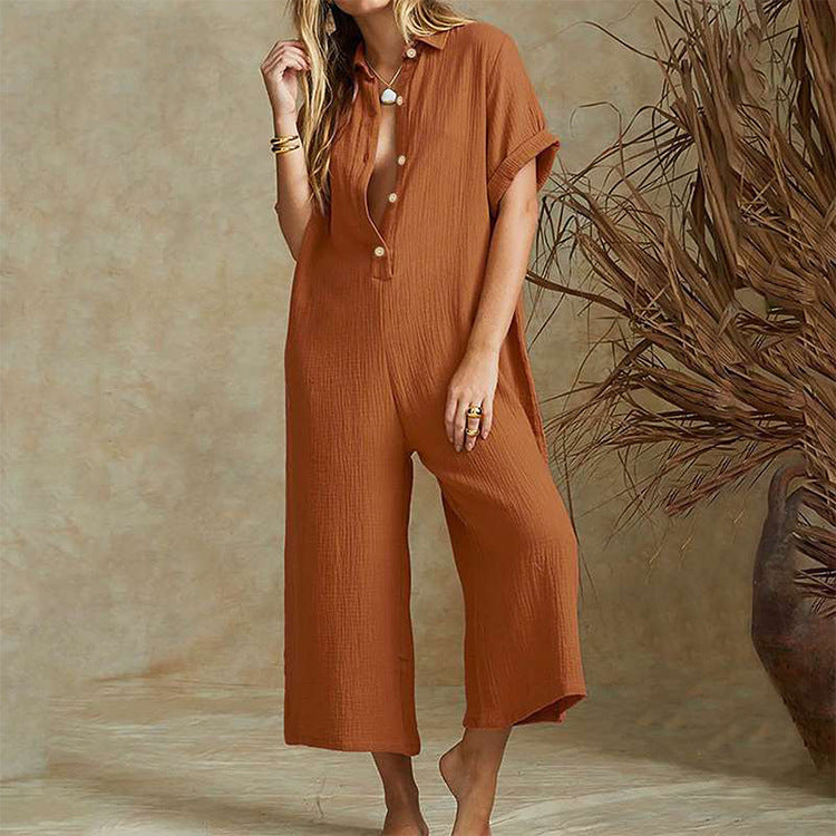 Casual Loose Long Jumpsuit Short Sleeve Rompers - cas7m