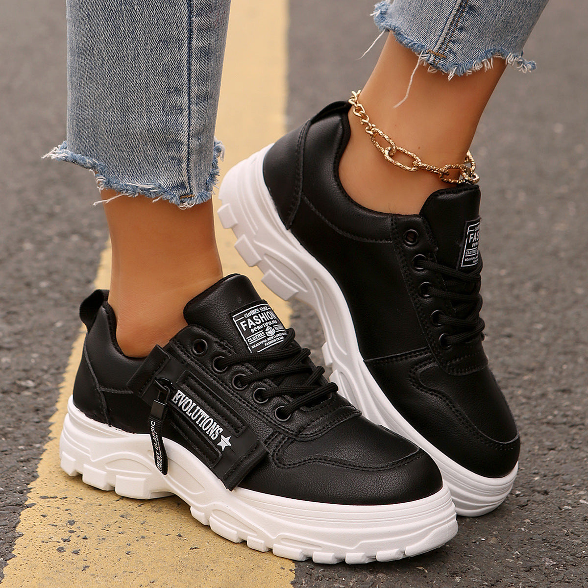Lace-up Sports Shoes With Side-Zipper Design Fashion Thick-soled Round-toe Casual Shoes For Women Sneakers - cas7m