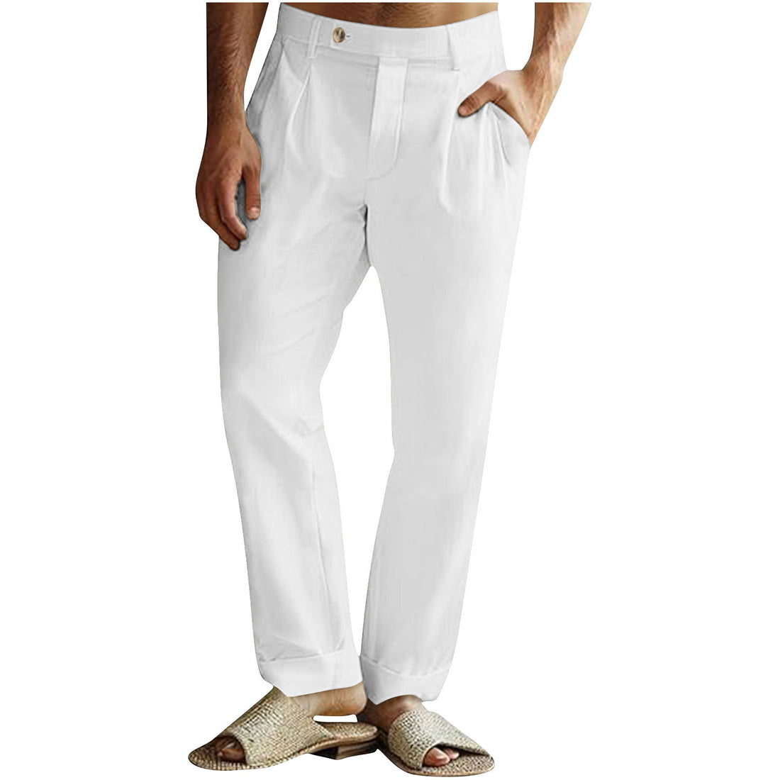 Men's Casual Cotton Linen Pants Pleated Elastic Waist Pants - cas7m
