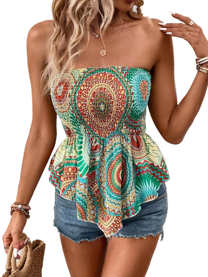 Summer Mandala Print Asymmetrical Hem Tube Bodycon Top - cas7m