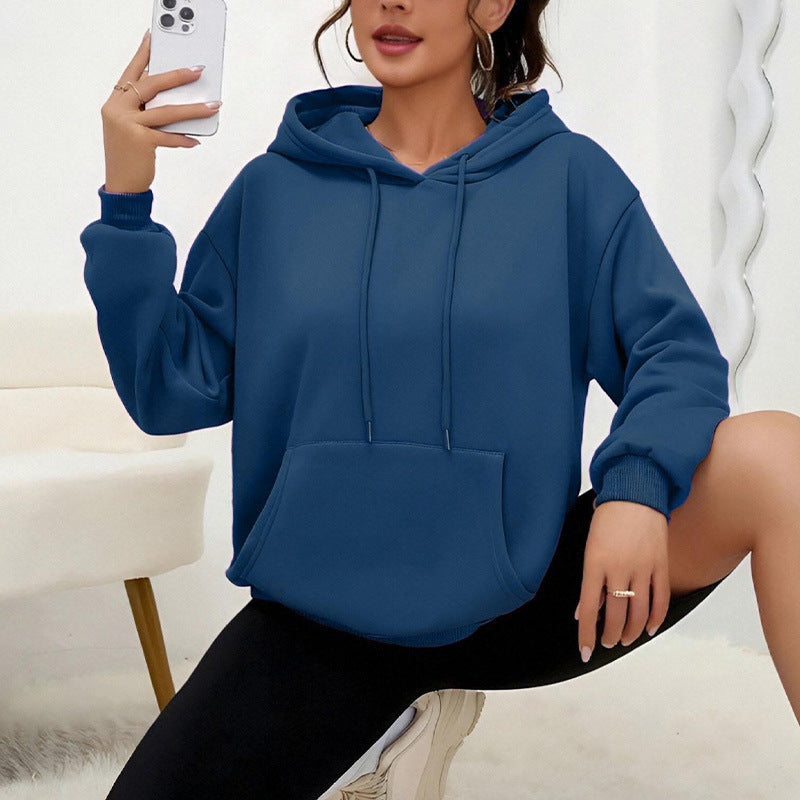 All-matching Loose Drawstring Pocket Sweatshirt Long Sleeve Women - cas7m