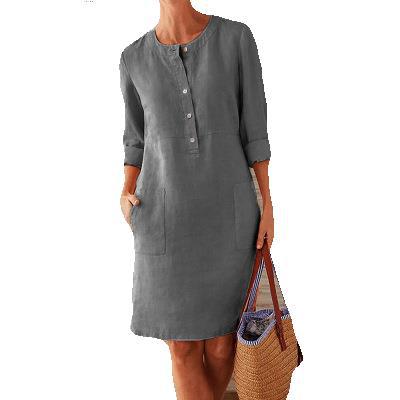 Plus Size Women's Cotton And Linen Round Neck Long Sleeve Dress - cas7m