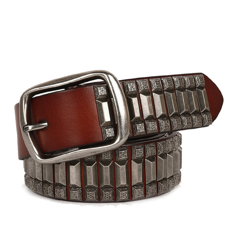 Pagoda Retro Belt Rivet Hip-Hop Top Layer Cowhide Unisex Belt For Men and Women - cas7m