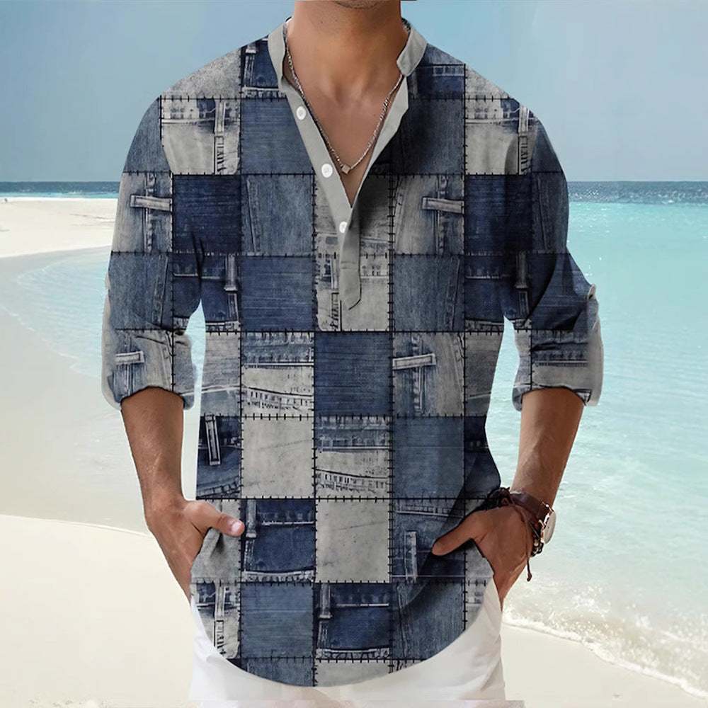 Thin Casual Digital Bamboo Linen Hawaiian Long Sleeve Shirt - cas7m