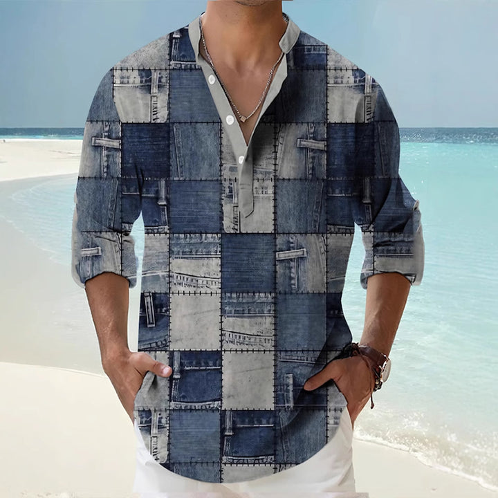 Thin Casual Digital Bamboo Linen Hawaiian Long Sleeve Shirt - cas7m
