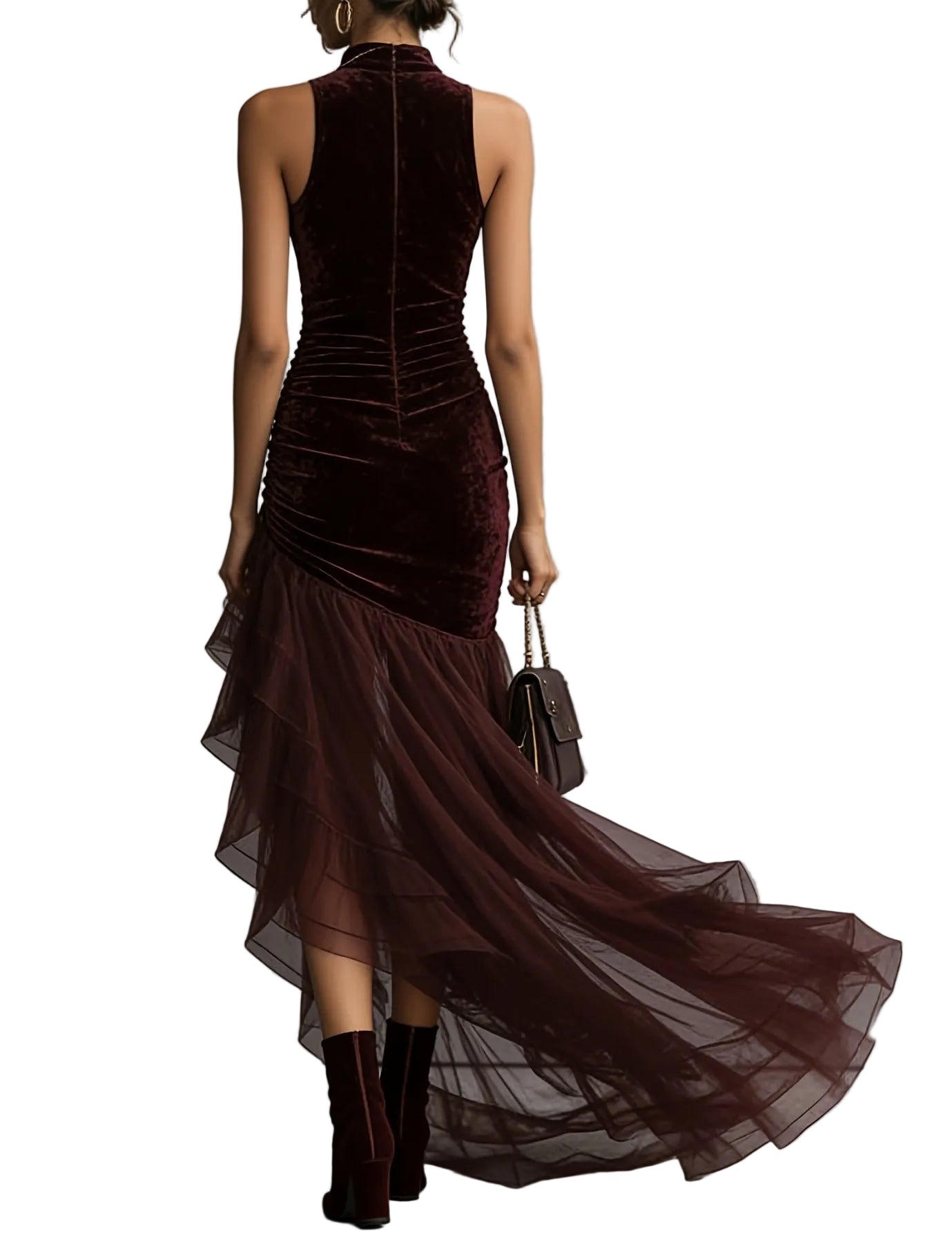 Women's Velvet High-Neck Sleeveless Evening Dress with Pleated Tulle Train