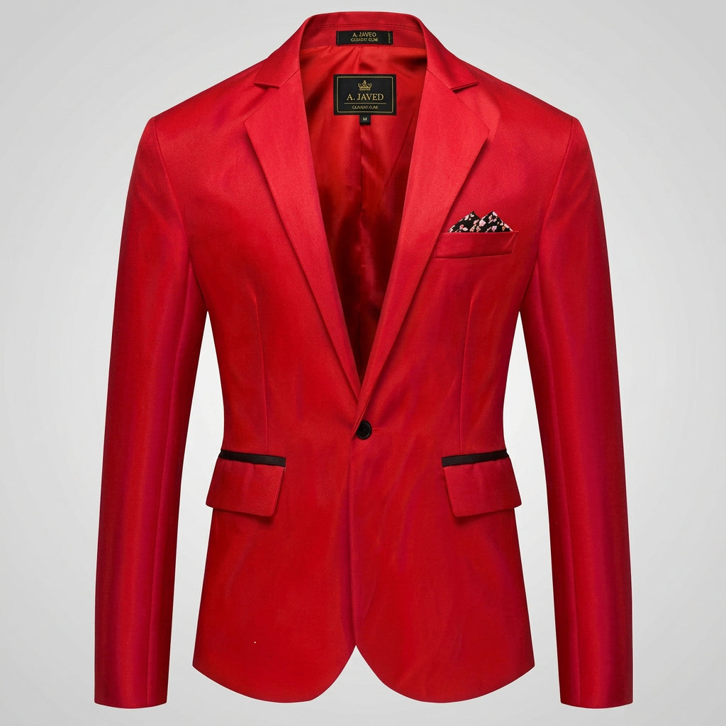 A bright red single-breasted blazer with notch lapels, a single black button, flap pockets with black trim, and a matching red pocket square with a small black and white pattern, shown on a plain white background.