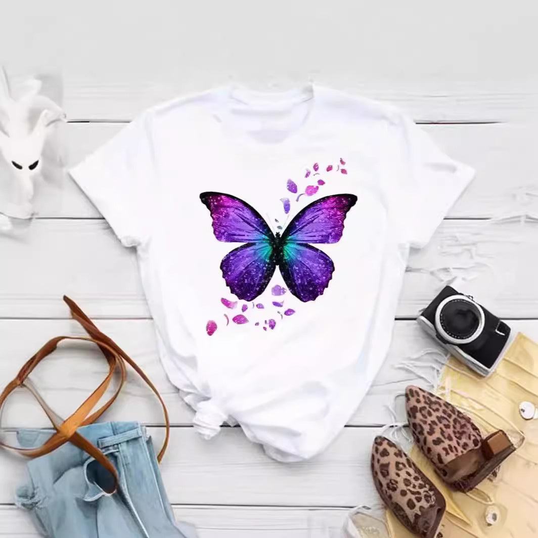 Colorized Butterfly Petal Printed T-shirt Short Sleeve Round Neck - cas7m