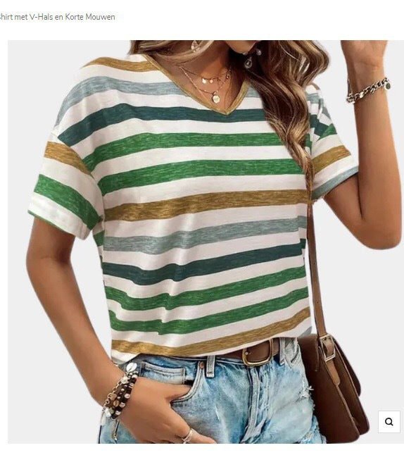 Casual Top Fashion Trend Stripes Short Sleeve Women V-neck - cas7m