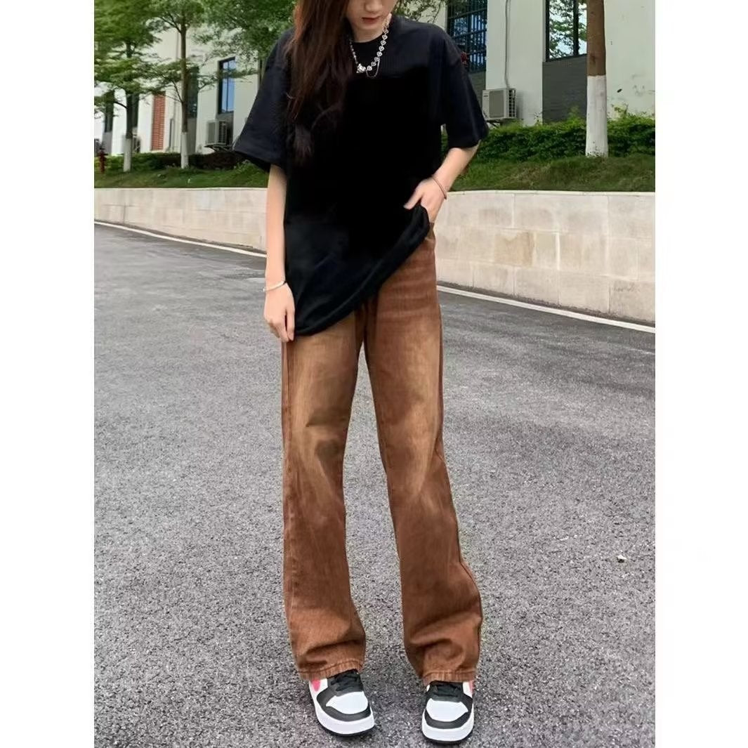 American Retro Brown Straight-leg Denim Pants - cas7m