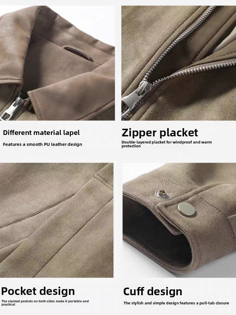 Four-panel product detail collage showing a taupe-brown leather jacket closeups with text labels: different material lapel, zipper placket, pocket design, and cuff design.