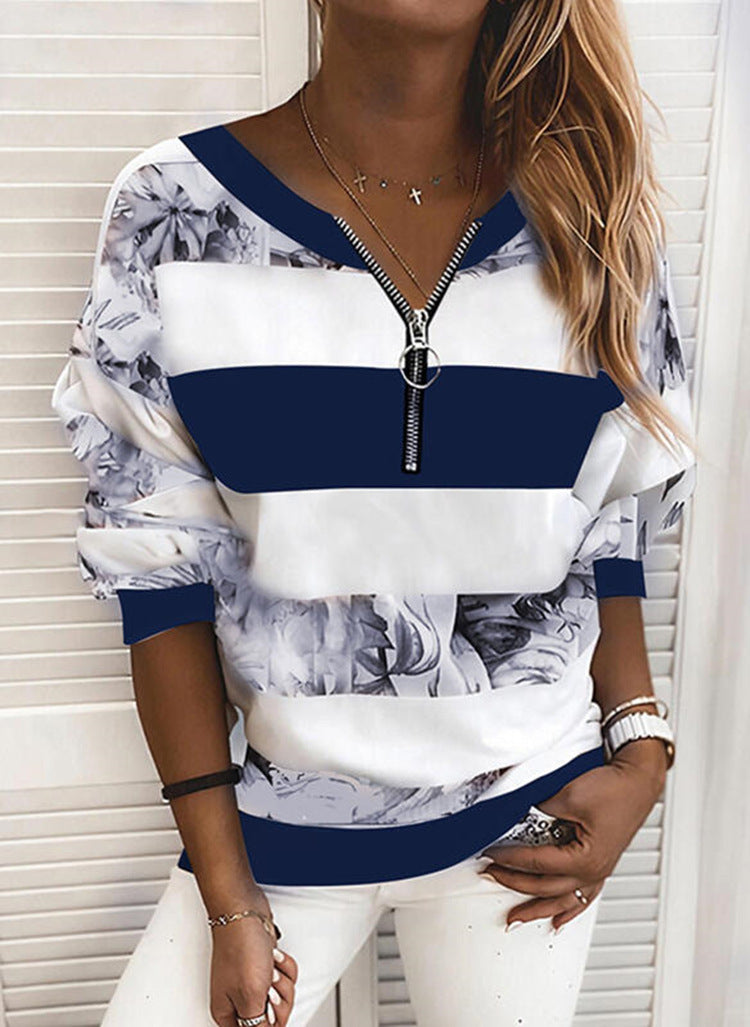 Striped Print Loose Sweatshirt Women - cas7m