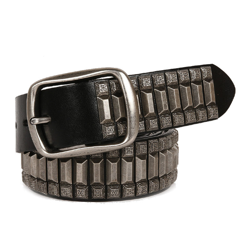 Pagoda Retro Belt Rivet Hip-Hop Top Layer Cowhide Unisex Belt For Men and Women - cas7m