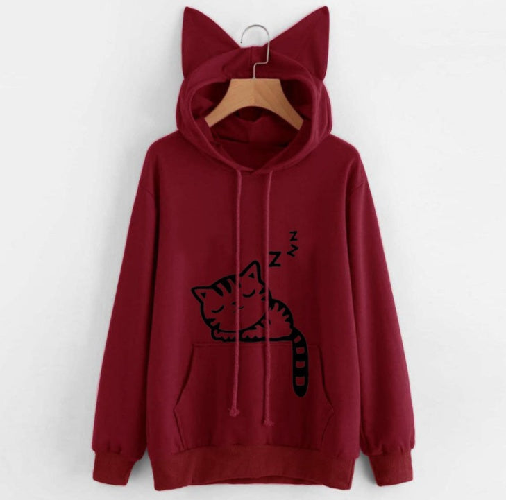Female Women Casual Hoodies Sweatshirt Long Sleeve Hoody Cute Ears Printed Hoodies Tracksuit outerwear Sweatshirt - cas7m