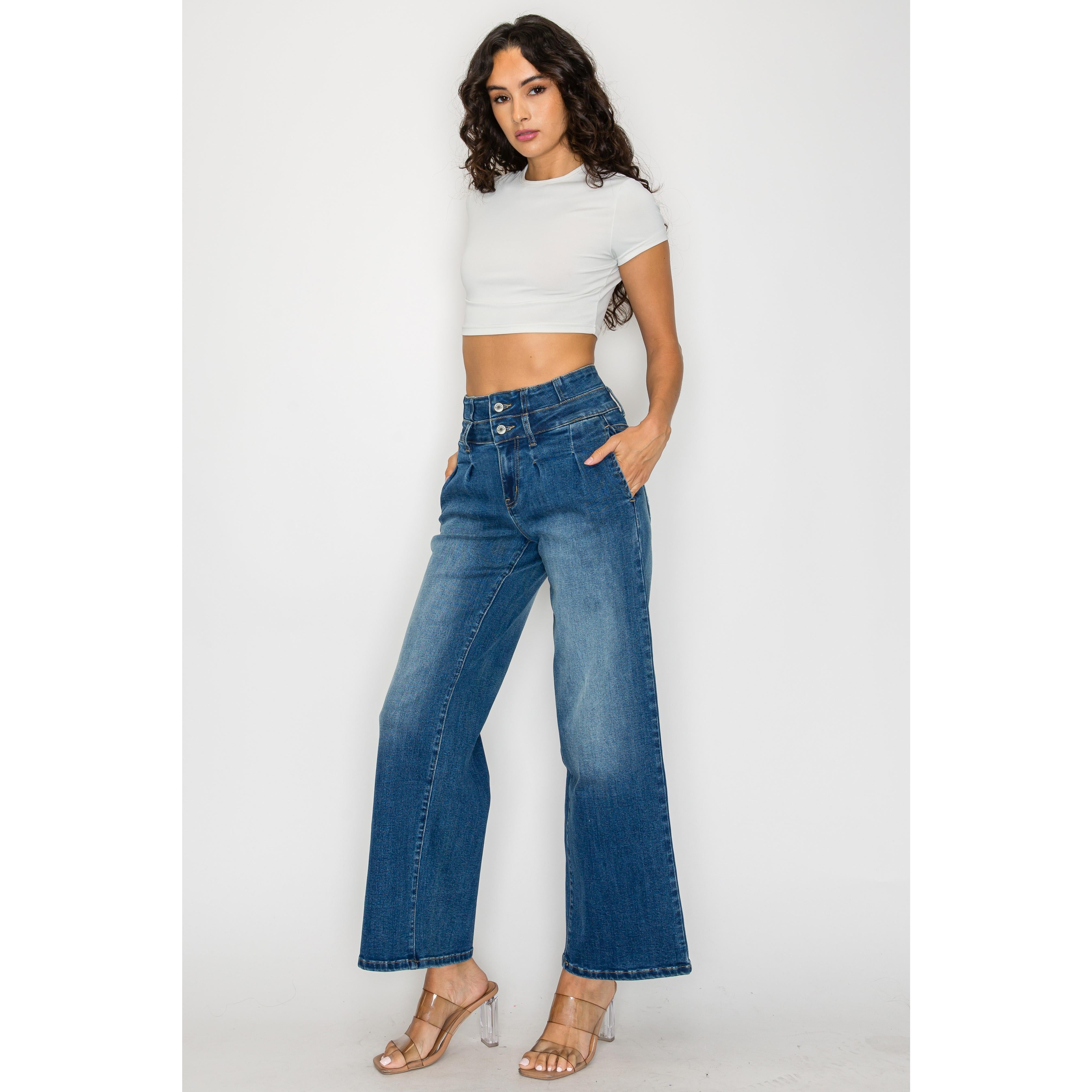 Women's Medium Blue Elastic Waist Jeans - Wide Leg Casual Denim - cas7m