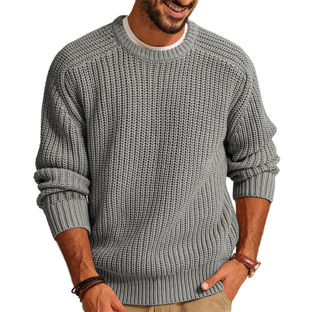 Men's Solid Color Long Sleeve Round Neck Fashion Sweater Loose Retro Sweater - cas7m