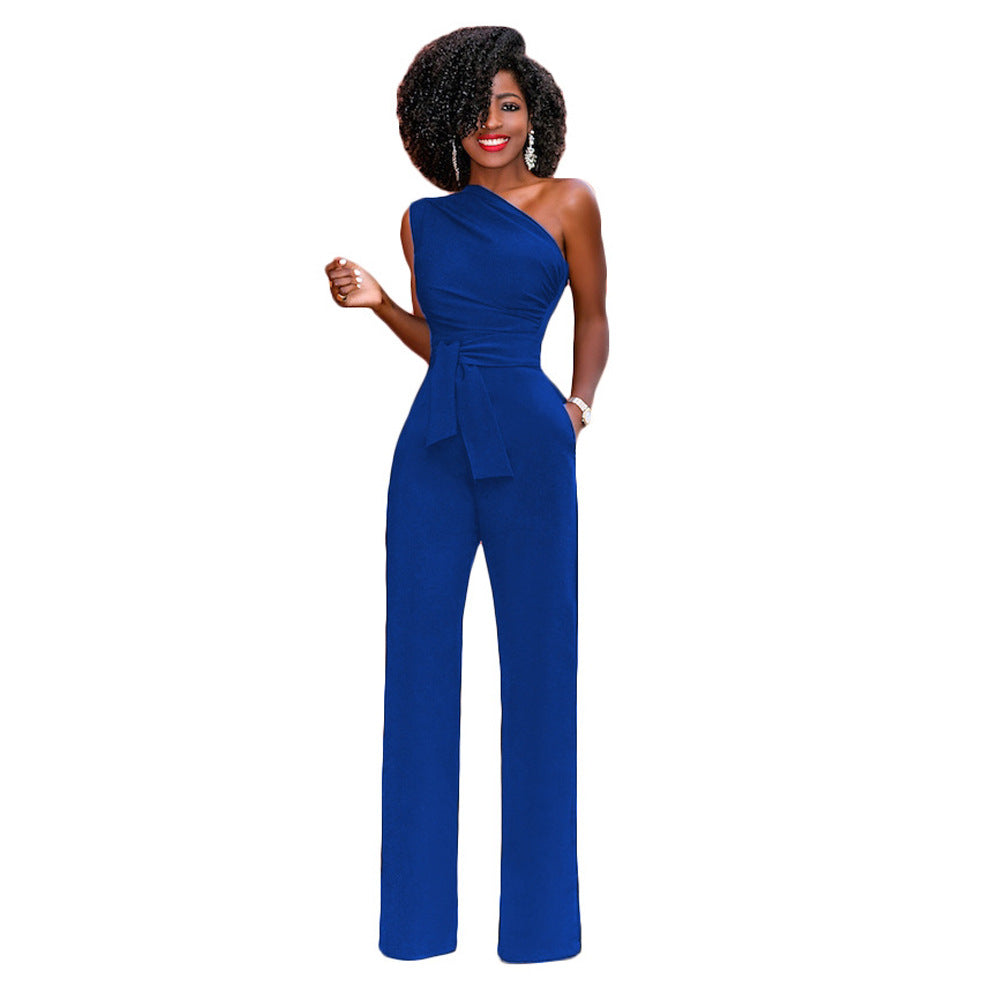 Solid color slant collar button up Jumpsuit - cas7m
