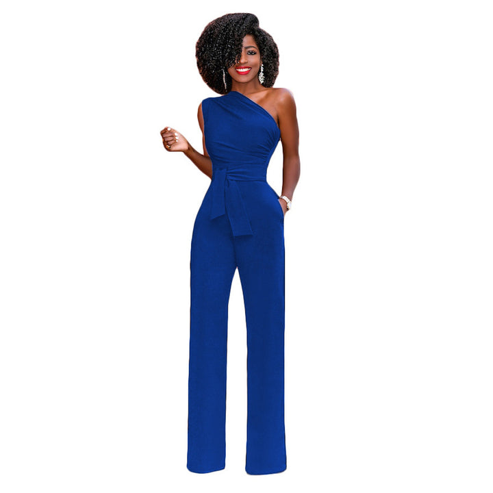 Solid color slant collar button up Jumpsuit - cas7m
