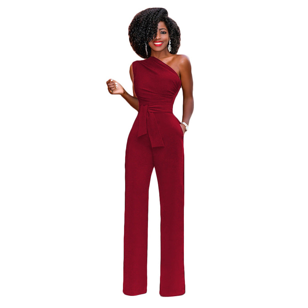 Solid color slant collar button up Jumpsuit - cas7m