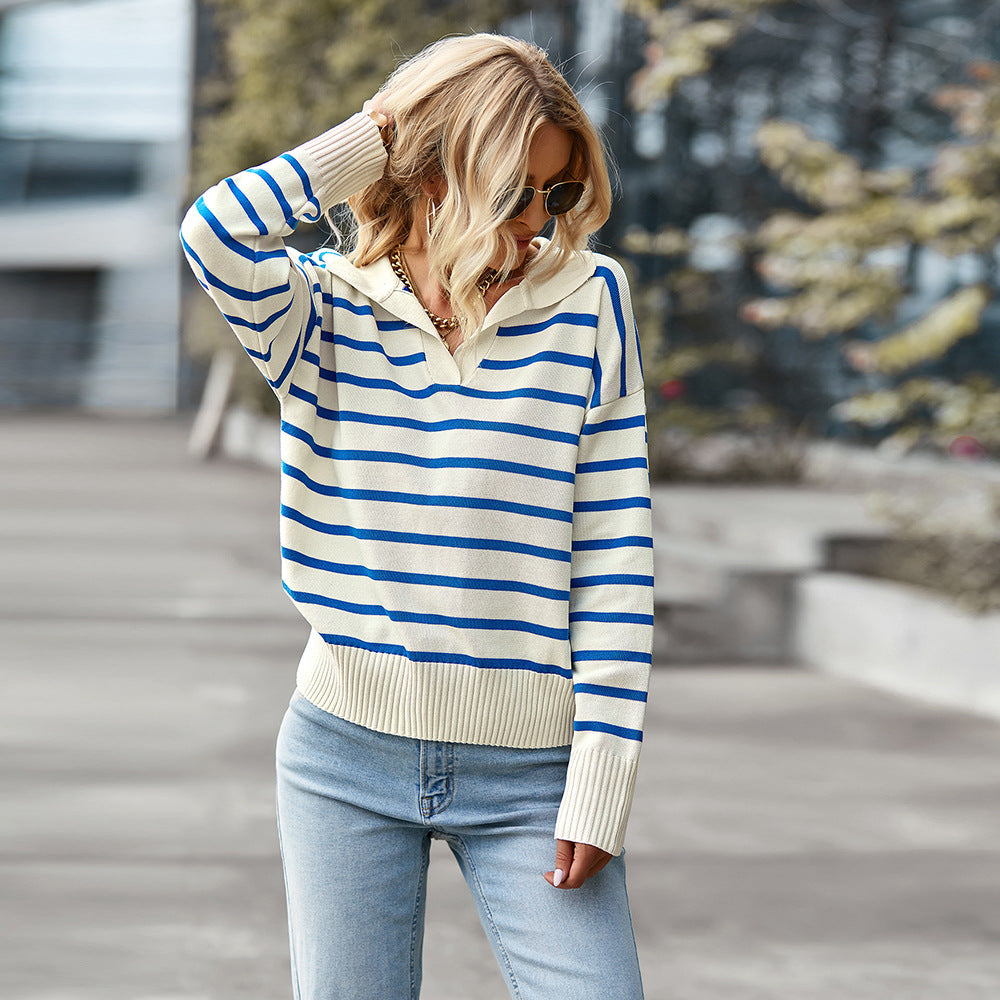 Women Striped Long Sleeve Pullover Sweater Casual Loose Polo V Neck Color Block Lightweight Knitted Fall Shirts Tops - cas7m