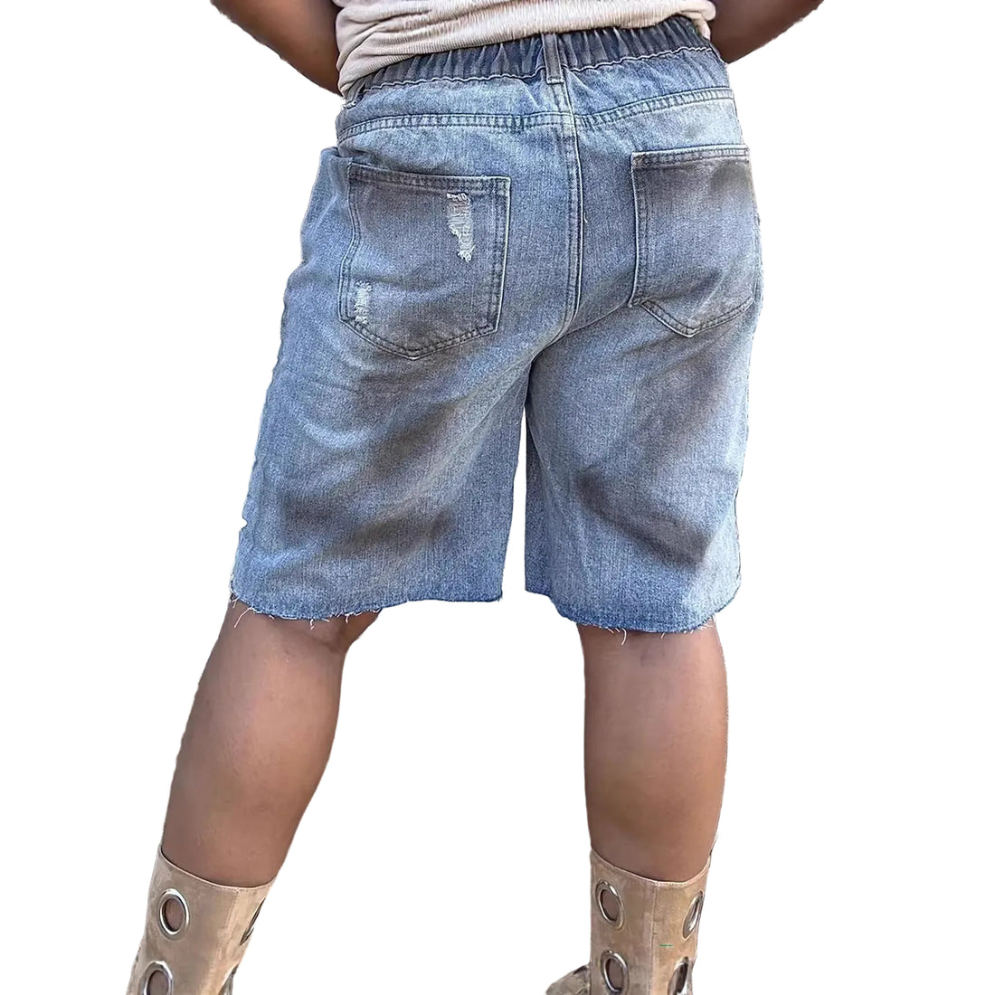 Ripped Distressed Denim Shorts with Lace Hollow-Out and 3D Floral Design