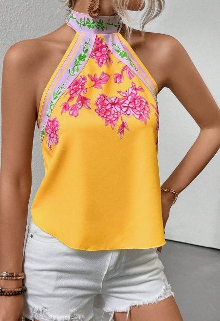 Printed Notched Neck Sleeveless Tank Top - cas7m