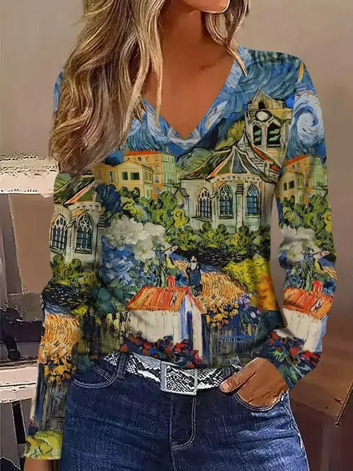 Fashionable Casual Geometric V-Neck Long-Sleeve Top For Women - cas7m