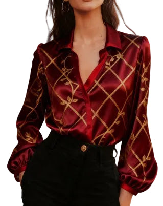 Urban Light Luxury Style Red-Edged Color-Block Puff Sleeve Shirt For Women - cas7m