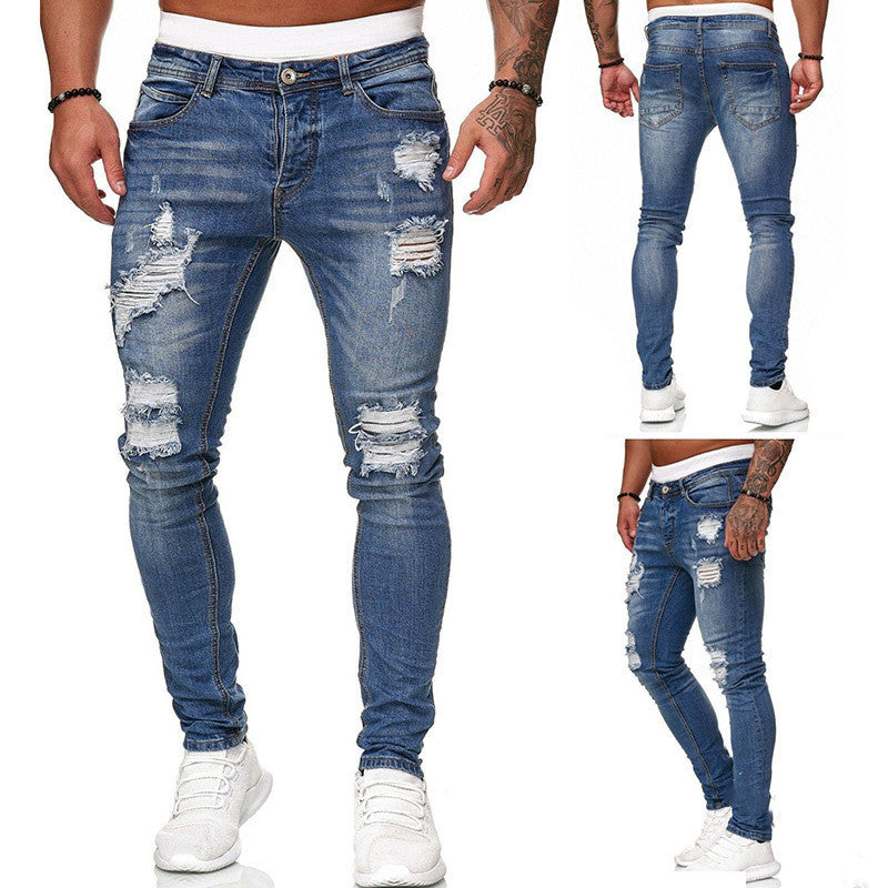 Fashion Street Style Ripped Skinny Jeans Men Vintage Wash Solid Denim Trouser Mens Casual Slim Fit Pencil Denim Pants - cas7m