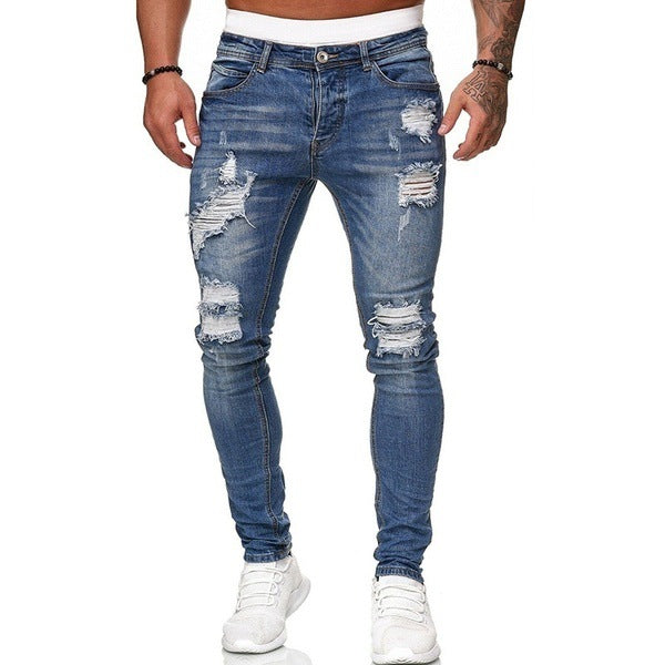 Fashion Street Style Ripped Skinny Jeans Men Vintage Wash Solid Denim Trouser Mens Casual Slim Fit Pencil Denim Pants - cas7m