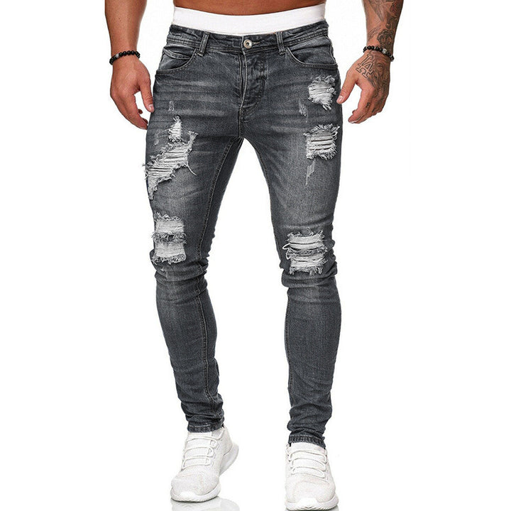 Fashion Street Style Ripped Skinny Jeans Men Vintage Wash Solid Denim Trouser Mens Casual Slim Fit Pencil Denim Pants - cas7m