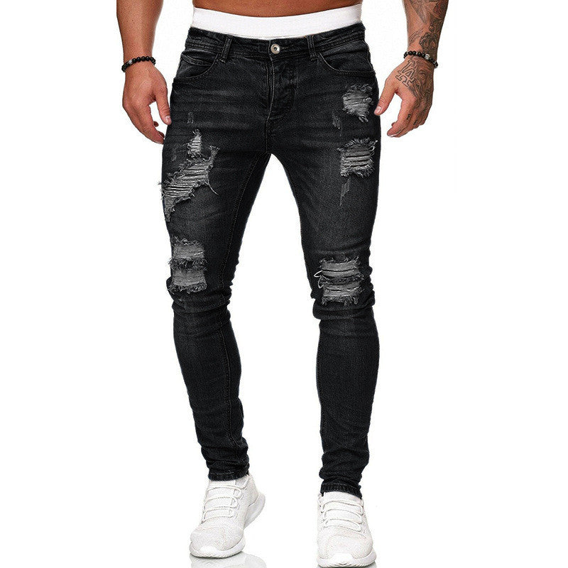 Fashion Street Style Ripped Skinny Jeans Men Vintage Wash Solid Denim Trouser Mens Casual Slim Fit Pencil Denim Pants - cas7m
