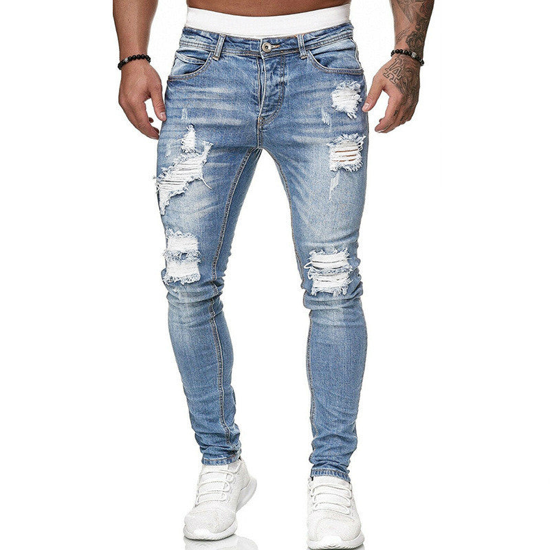 Fashion Street Style Ripped Skinny Jeans Men Vintage Wash Solid Denim Trouser Mens Casual Slim Fit Pencil Denim Pants - cas7m