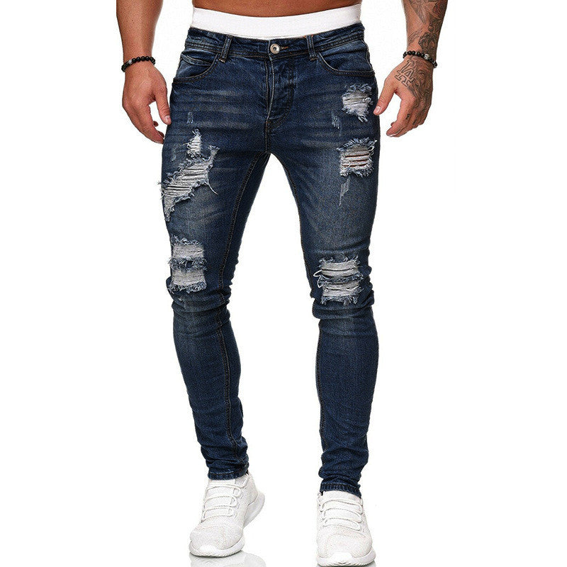 Fashion Street Style Ripped Skinny Jeans Men Vintage Wash Solid Denim Trouser Mens Casual Slim Fit Pencil Denim Pants - cas7m