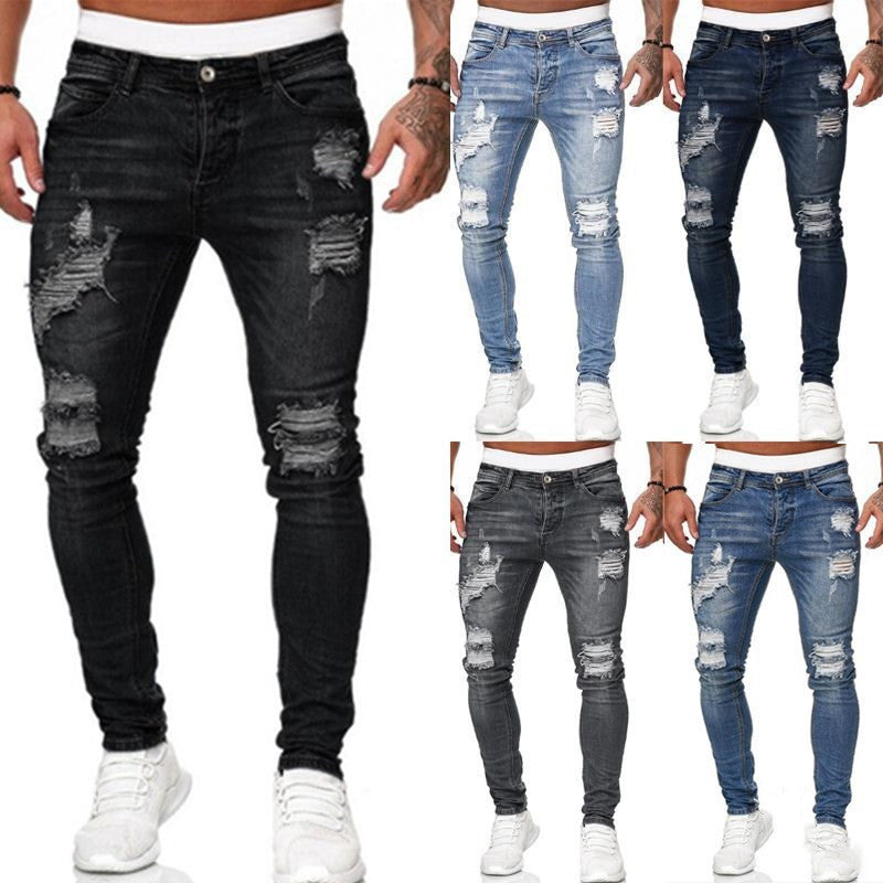 Fashion Street Style Ripped Skinny Jeans Men Vintage Wash Solid Denim Trouser Mens Casual Slim Fit Pencil Denim Pants - cas7m