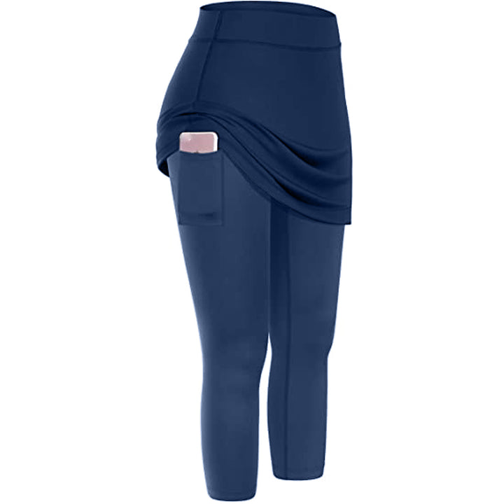 Women Tennis Skirted Leggings Pockets Elastic Sports Yoga Capris Skirts Legging - cas7m