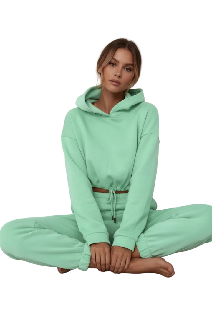 Pure Color Drawstring Fashion Hooded Sweater Set - cas7m
