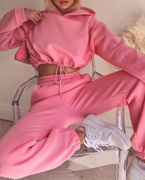 Pure Color Drawstring Fashion Hooded Sweater Set - cas7m