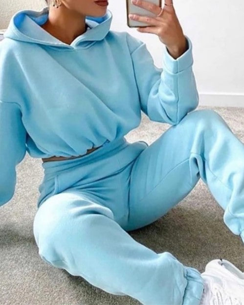 Pure Color Drawstring Fashion Hooded Sweater Set - cas7m