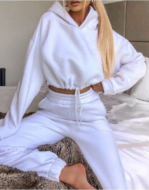 Pure Color Drawstring Fashion Hooded Sweater Set - cas7m