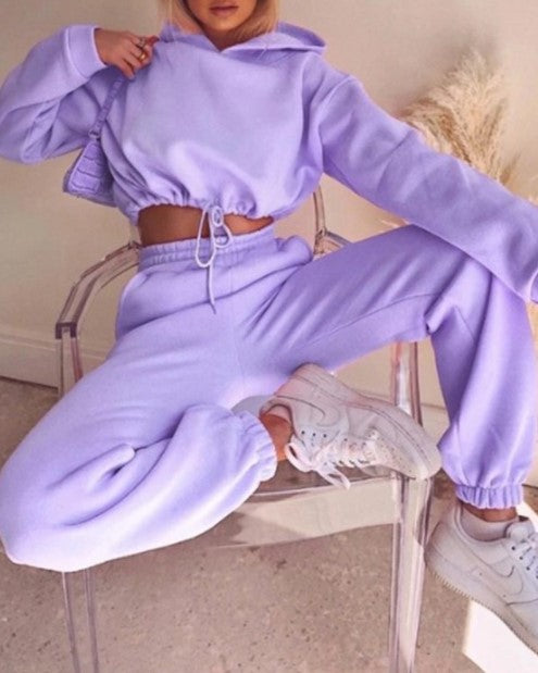 Pure Color Drawstring Fashion Hooded Sweater Set - cas7m