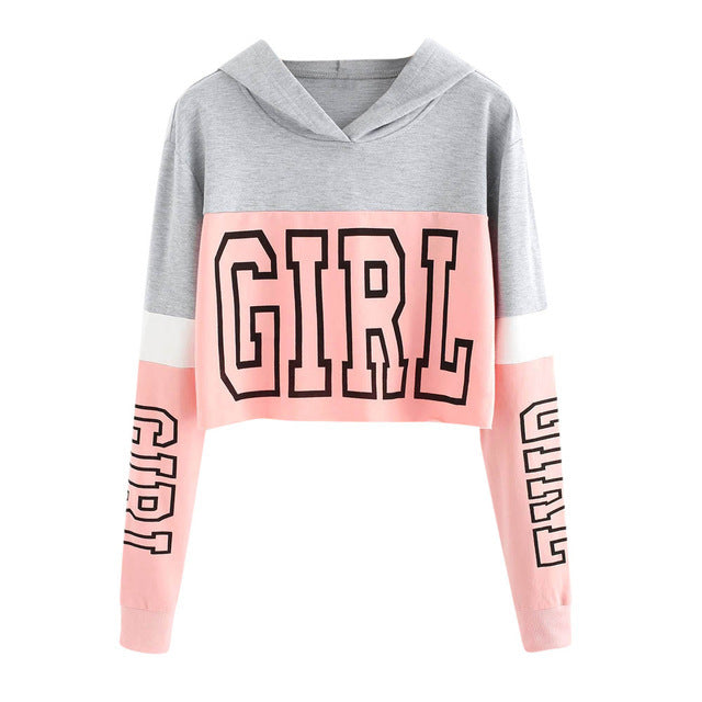 Crop Top Hoodie  Sweatshirt Hoodies Women Patchwork Lett - cas7m